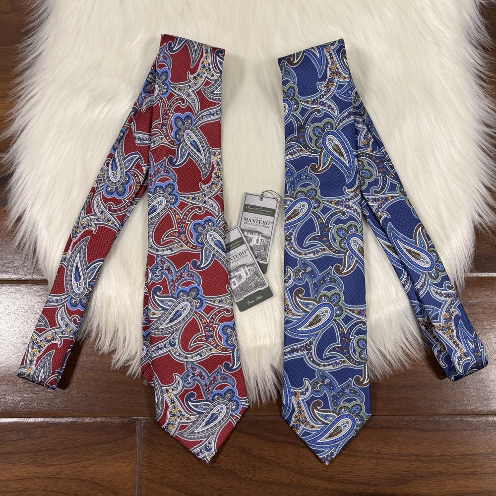 Lot of 2 Daniel Cremieux Blue & Red Paisley Mantero Print Silk Tie